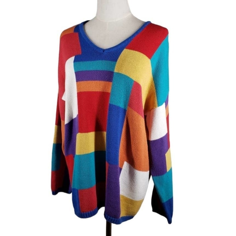 Vintage Colorblock V-Neck Sweater Sz S Oversized Rainbow Colorful 90s Tunic‎
